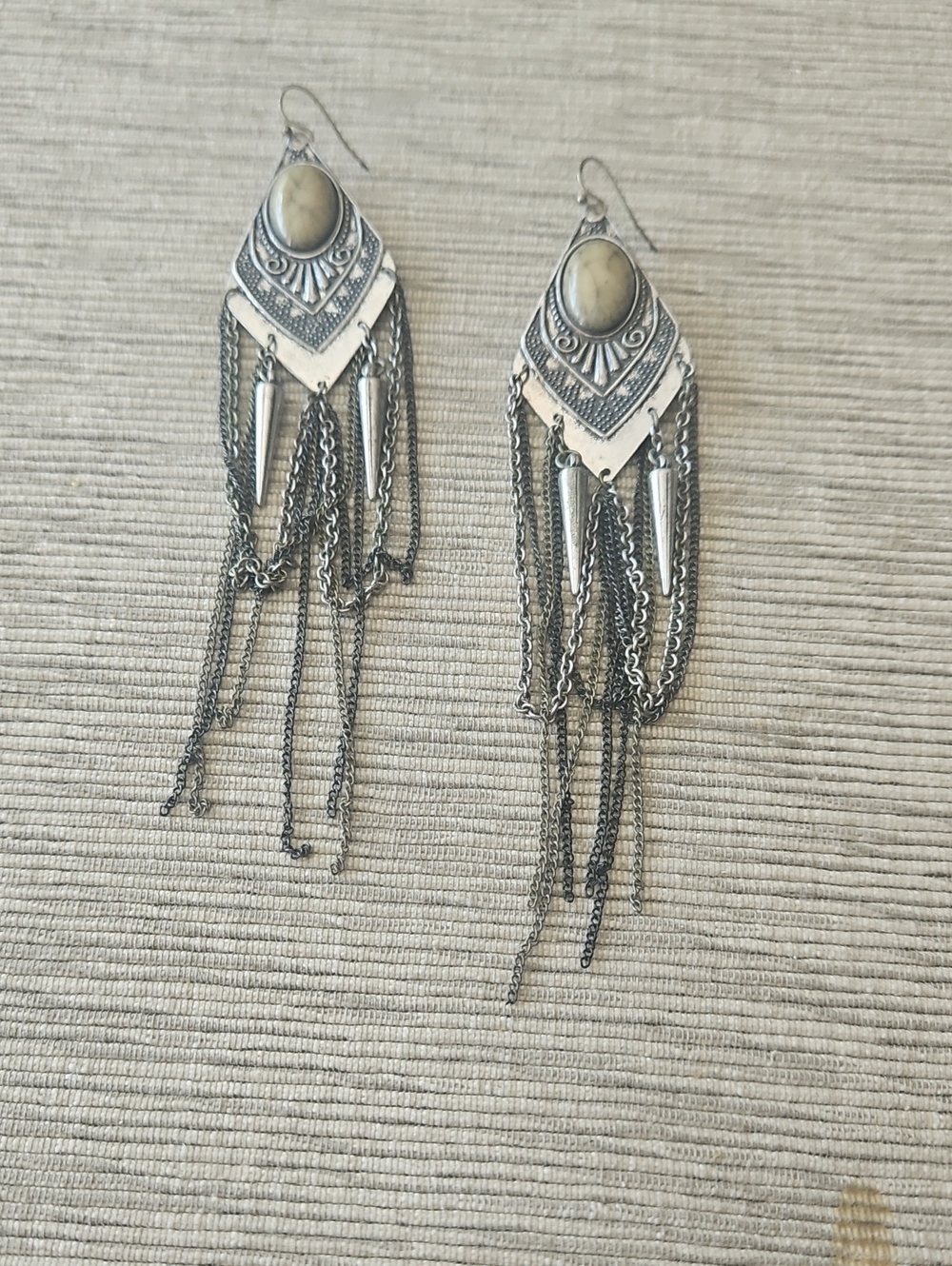 4 For $10 Bohemian Silver-Tone Fringe Earrings with Cream Stone